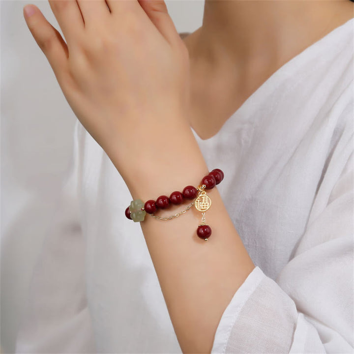 Pulsera de bendición con trébol de cuatro hojas de la suerte, Jade hetiano, cinabrio, Buddha Stones