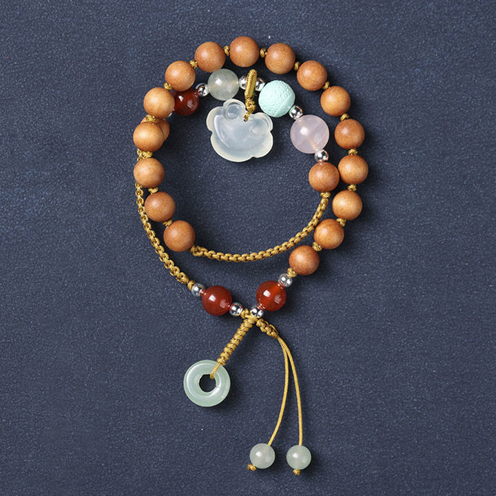 Pulsera relajante de doble vuelta con dije de hebilla de paz y calcedonia de sándalo verde con Buddha Stones