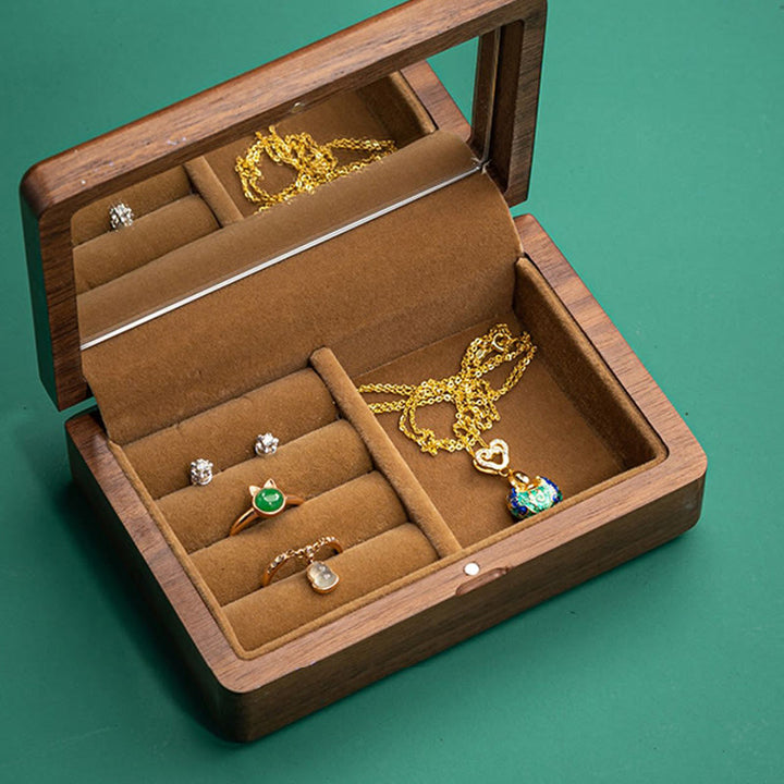 Caja de almacenamiento de joyería vintage hecha a mano de madera de nogal negro con espejo