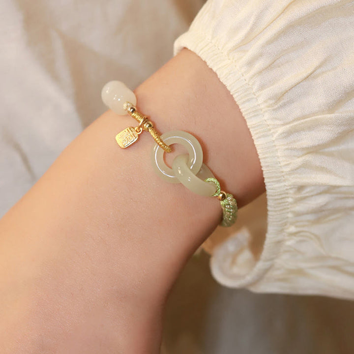 Pulsera trenzada con doble hebilla de paz y cuentas de jade hetiano natural, Buddha Stones, carácter Fu, abundancia