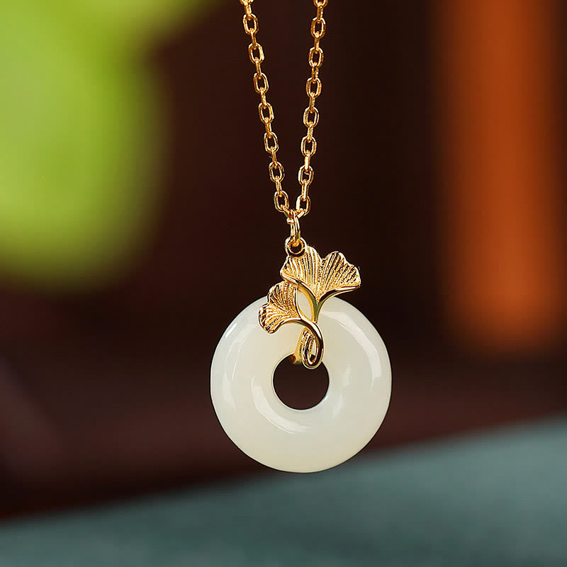 Collar con colgante de plata de ley 925 con Buddha Stones , jade hetiano natural, hoja de Ginkgo, hebilla de la paz, suerte - image 1