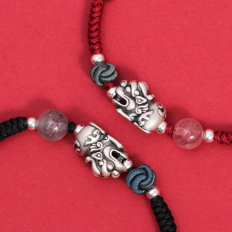 Pulsera trenzada de plata de ley 999 con Buddha Stones PiXiu, cuentas de cuarzo fresa, riqueza y suerte - image 10