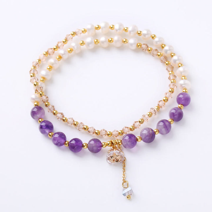 Pulsera de doble vuelta con amatista natural, aguamarina, fresa, cuarzo, perla, curación de la paz