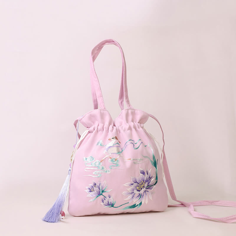 Buddha Stones Suzhou bordado Lotus Deer Epiphyllum peonía conejo algodón lino bolso bandolera bolso de hombro