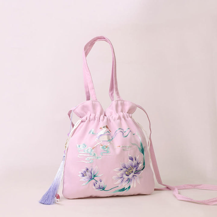 Buddha Stones Suzhou bordado Lotus Deer Epiphyllum peonía conejo algodón lino bolso bandolera bolso de hombro