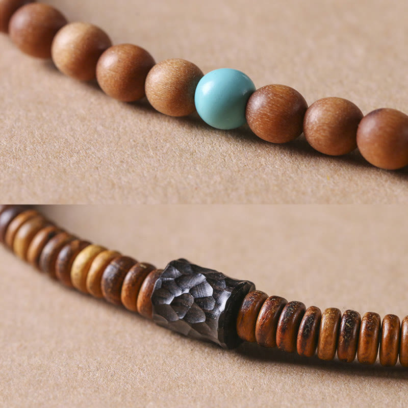 Pulsera de doble vuelta con protección de sándalo, turquesa y sándalo rojo de hoja pequeña con Buddha Stones