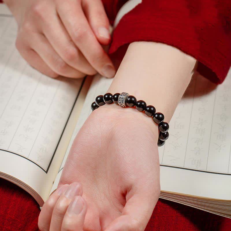 Pulsera de fuerza de piedra lunar de obsidiana negra de plata de ley 925 con Buda natal del zodíaco chino