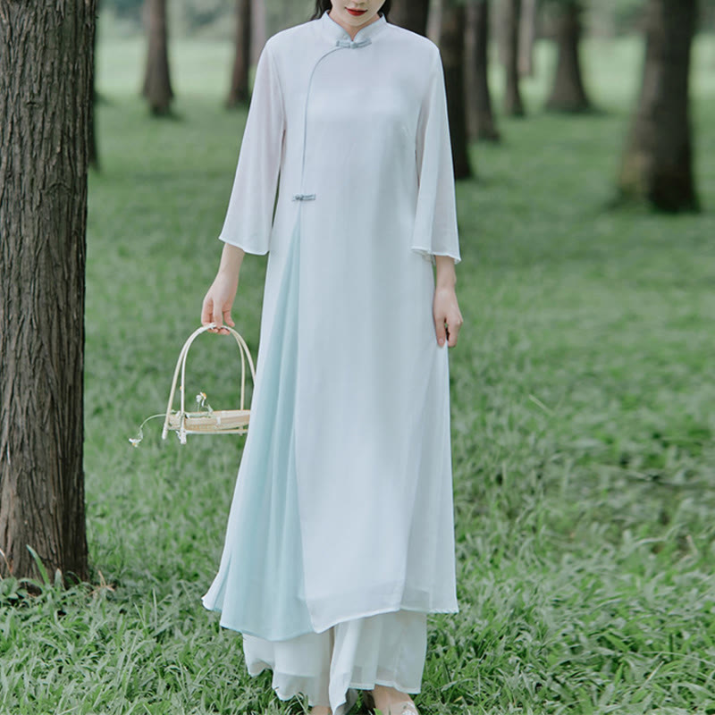 Vestido midi Cheongsam de gasa con manga tres cuartos y Buddha Stones , pantalones de pierna ancha, ropa de práctica Zen para meditación