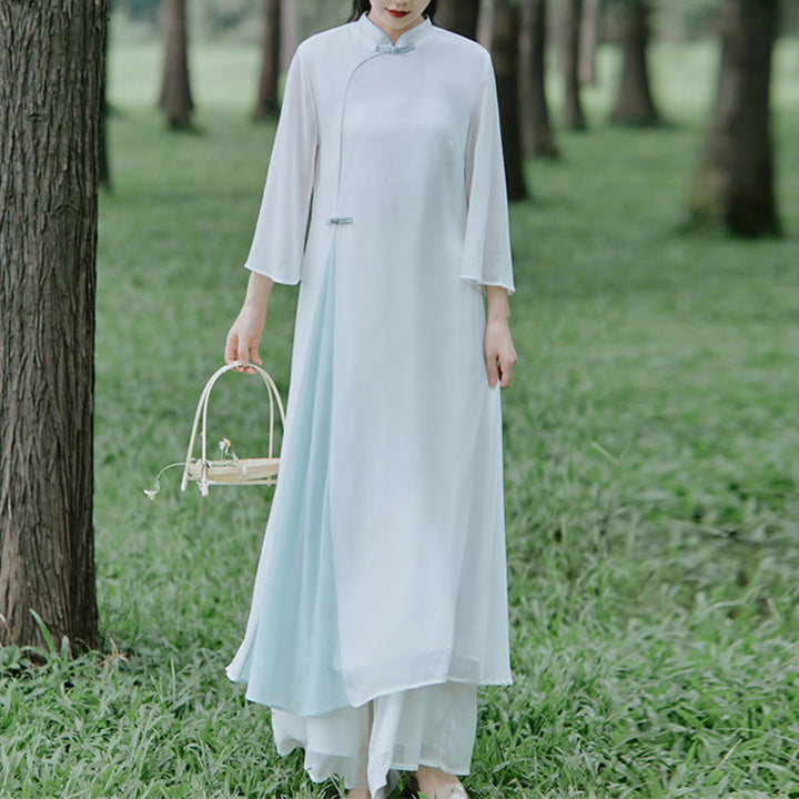 Vestido midi Cheongsam de gasa con manga tres cuartos y Buddha Stones , pantalones de pierna ancha, ropa de práctica Zen para meditación