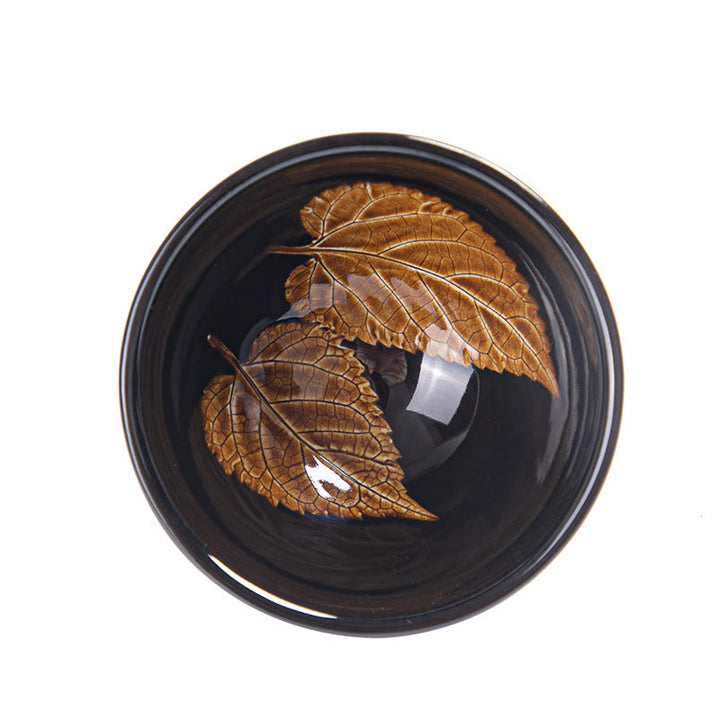 Buddha Stones, hoja de arce dorada, taza de té de cerámica china Jianzhan, tazón de taza de té Tenmoku Kung Fu