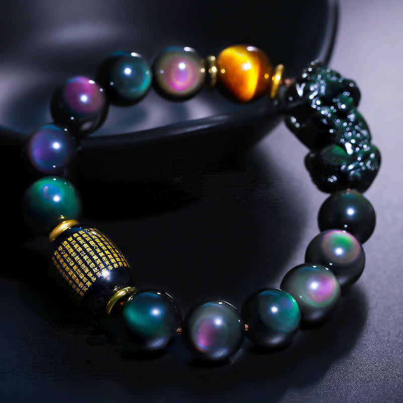 Pulsera positiva con Buddha Stones FengShui PiXiu, obsidiana arcoíris, ónix negro, ojo de tigre
