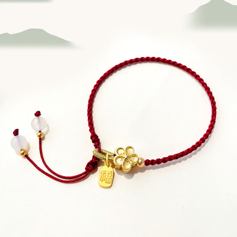 Buddha Stones hechas a mano, flor de melocotón, roseta, lazo, nudo Fu, amuleto, suerte, pulsera de cuerda roja