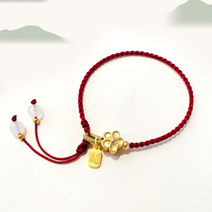 Buddha Stones hechas a mano, flor de melocotón, roseta, lazo, nudo Fu, amuleto, suerte, pulsera de cuerda roja