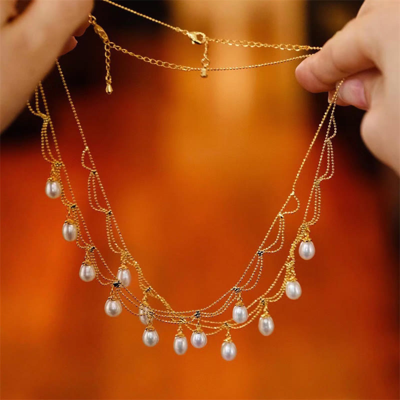 Vintage 14K chapado en oro perla curación multicapa collar colgante