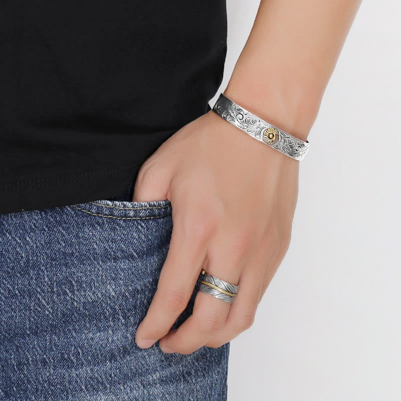 Brazalete de cobre tallado con plumas de la suerte, diseño de flores de la dinastía Tang, Buddha Stones