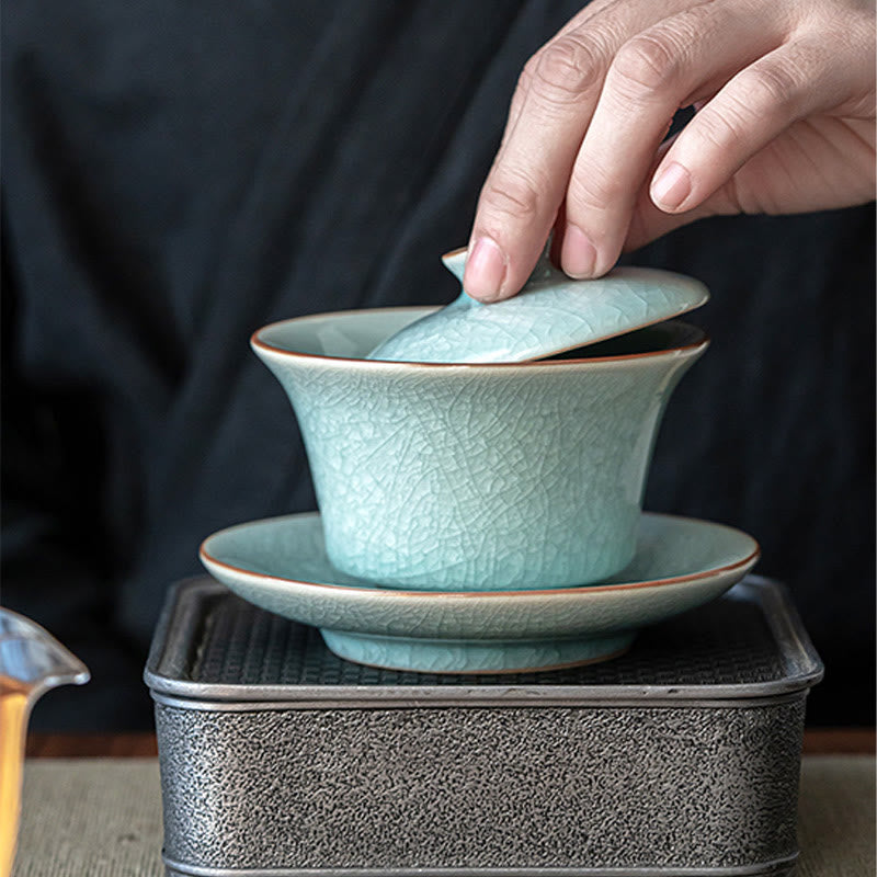 Taza de té y platillo de cerámica con esmalte de hielo, Retro verde, Buddha Stones , Gaiwan Sancai, Kung Fu