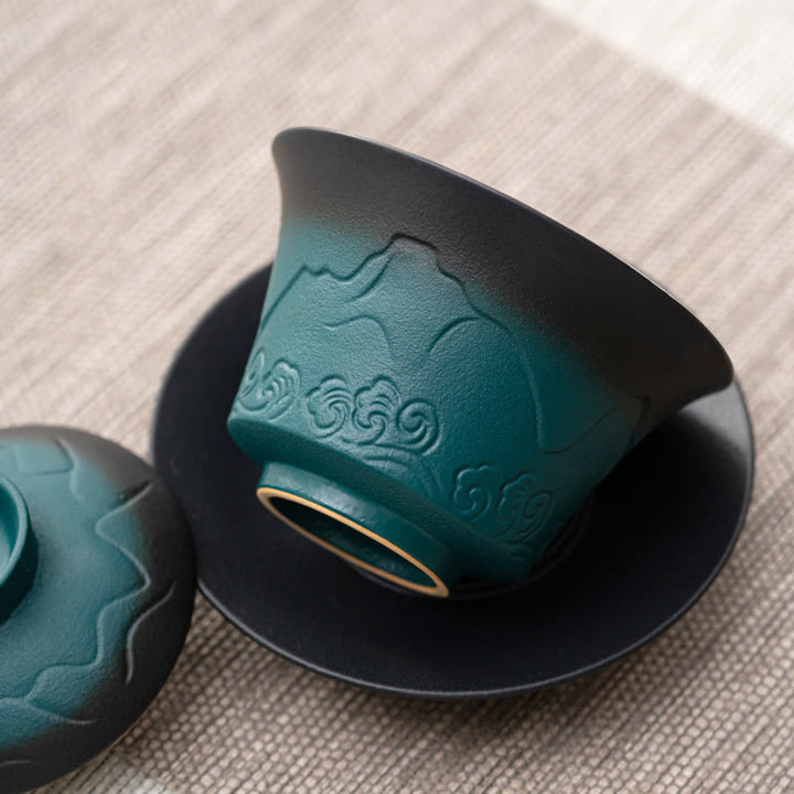 Taza de té de cerámica con gradiente de olas del mar, Retro Azul de Buddha Stones , Gaiwan Sancai, taza de té de Kung Fu y platillo con tapa