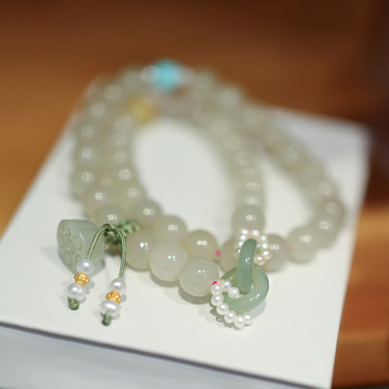 Pulsera de doble vuelta con doble hebilla de la paz y jade hetiano de plata de ley 925 con Buddha Stones