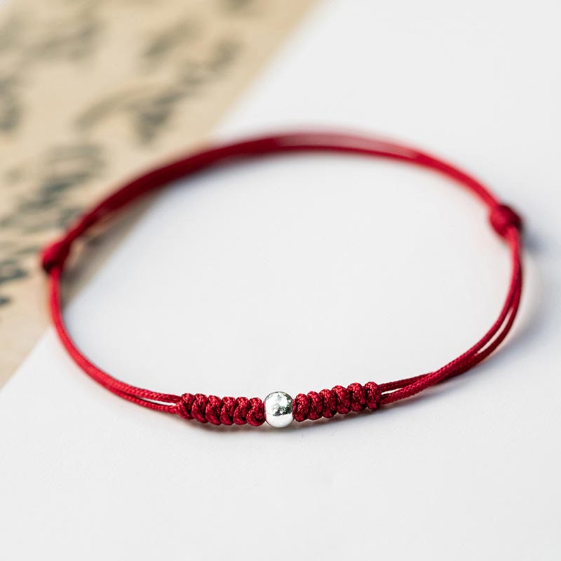 Pulsera trenzada de cordón fino rojo con cuentas de la suerte y Buddha Stones de plata de ley 925. - Cuenta redonda - Rojo oscuro (circunferencia de la muñeca: 14-18 cm) - image 14