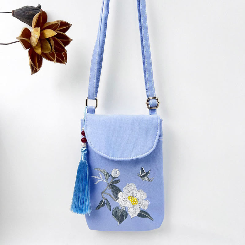 Bolso bandolera con flores bordadas pequeñas y Buddha Stones, bolso de hombro, bolso para móvil de doble capa