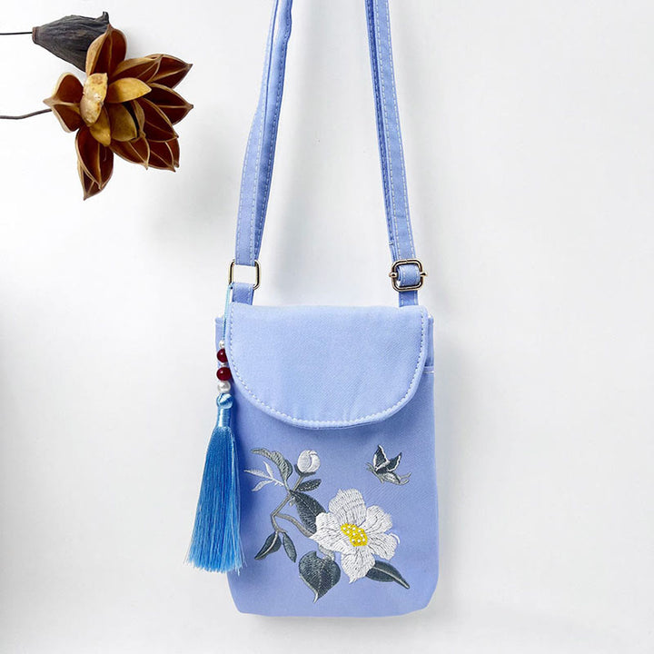 Bolso bandolera con flores bordadas pequeñas y Buddha Stones, bolso de hombro, bolso para móvil de doble capa