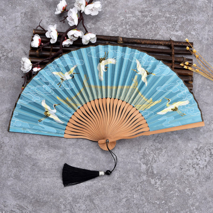 Abanico plegable de bambú de mano con diseño de grulla de nube vintage de Buddha Stones - Azul cielo - image 4