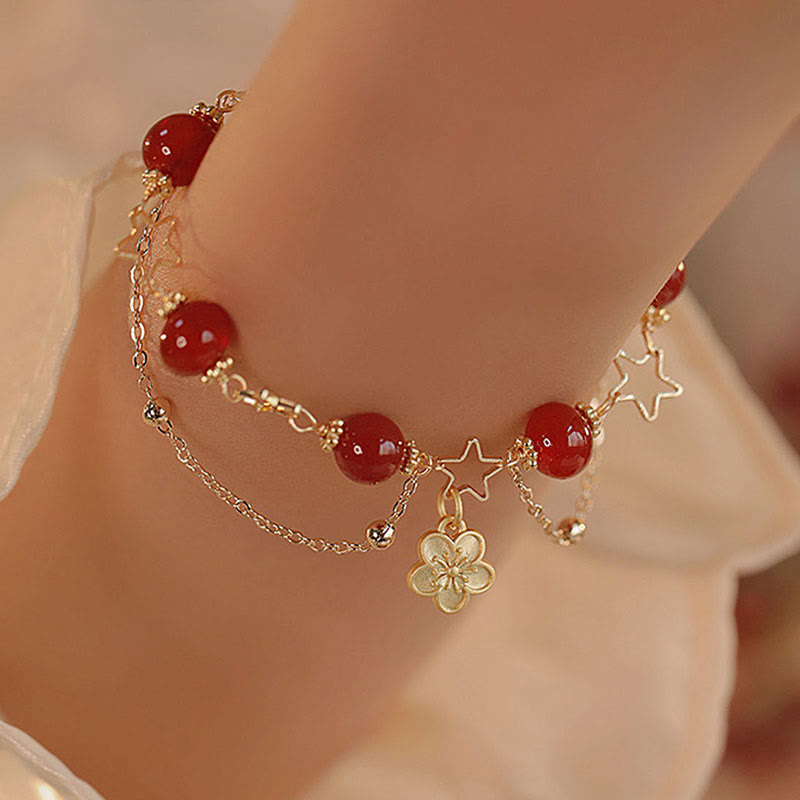 Pulsera tranquila con dije de flor de estrella de ágata roja chapada en oro de 14 Buddha Stones