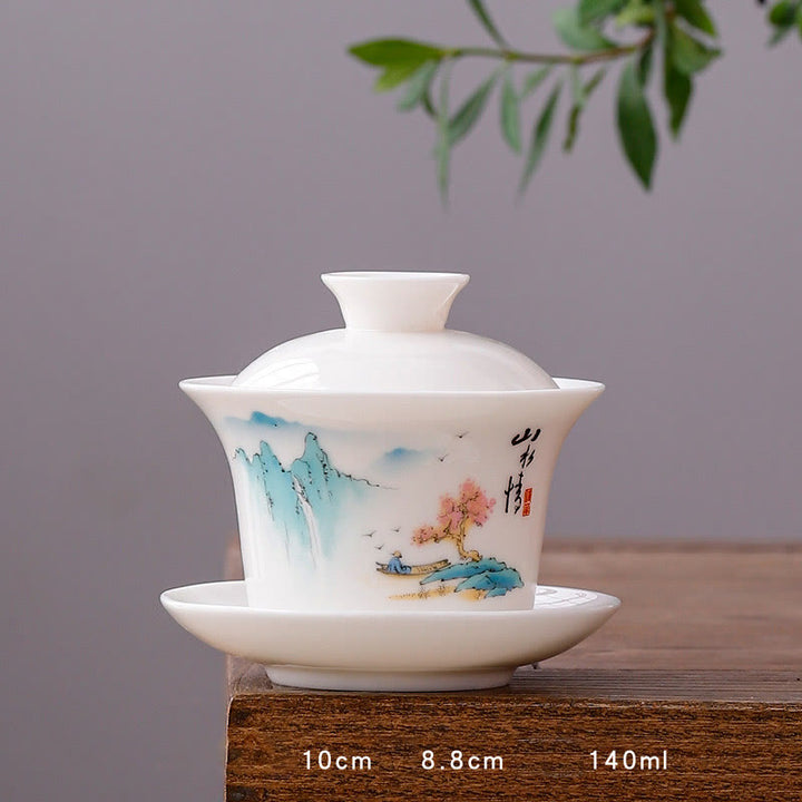 Taza de té y platillo con tapa, porcelana blanca, paisaje de montaña, campo, cerámica, Gaiwan, Kung Fu , Buddha Stones