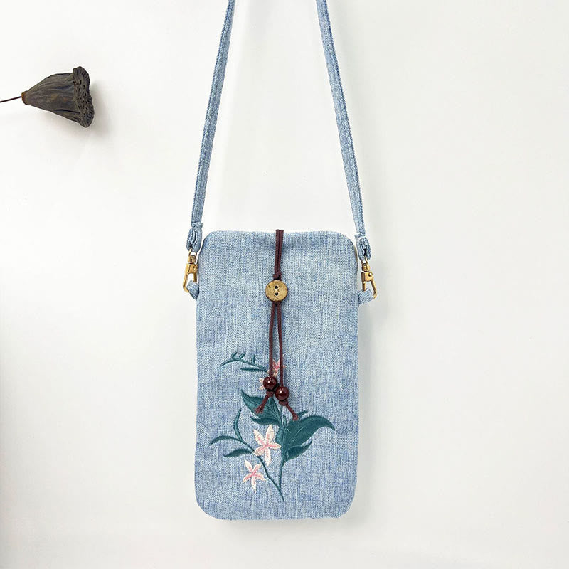 Buddha Stones, pequeñas flores bordadas, bolso de hombro, bolso para teléfono móvil, 11*20cm