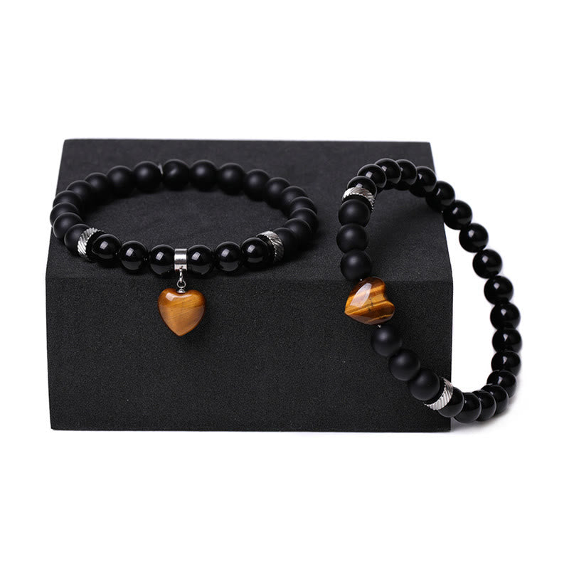 Buddha Stones 2 piezas de piedra de cristal de ónix negro amor protección del corazón pulsera de pareja