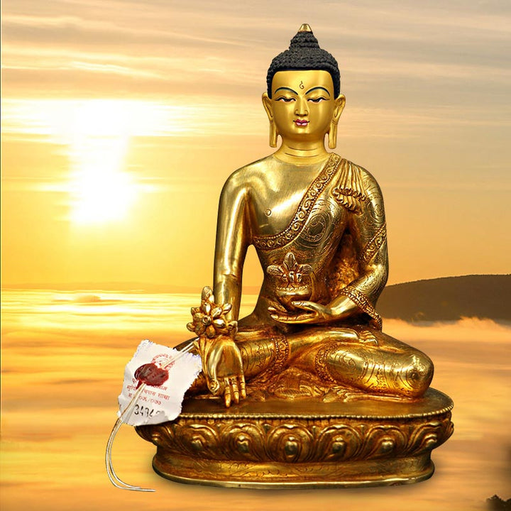 Buda Shakyamuni Medicina Buda Compasión Cobre Chapado En Oro Estatua Decoración