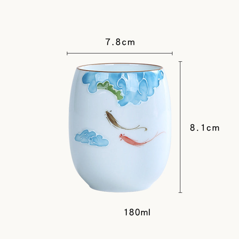 Taza de té de cerámica con Buddha Stones, pez Koi, paisaje de loto, diente de león, flor de peonía, taza de té de Kung Fu