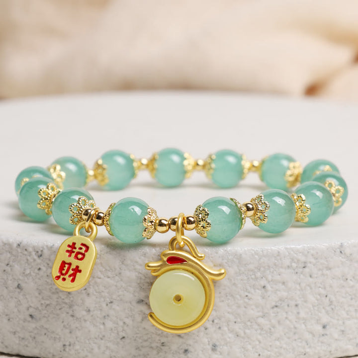 Buddha Stones Año del Dragón Ágata Roja Aventurina Verde Hebilla de la Paz Personaje Fu Pulsera de la Fortuna de la Suerte