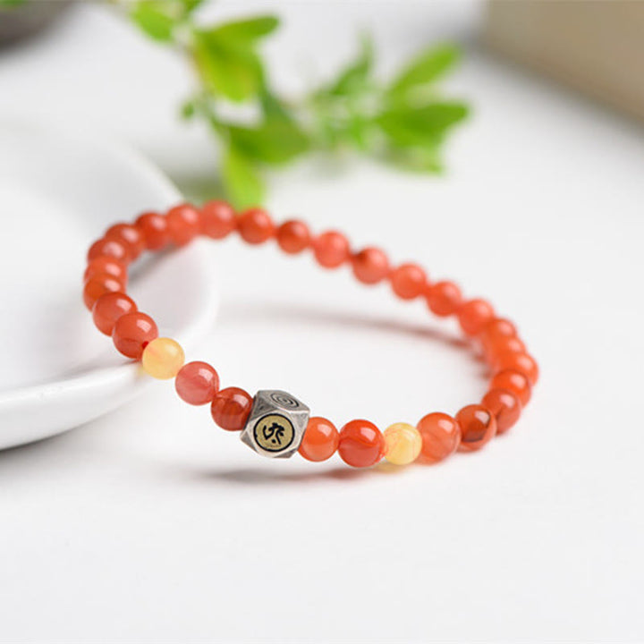Buddha Stones, Plata de Ley 925, amuleto de Buda natal del zodiaco chino, ágata roja, ámbar, pulsera de autoaceptación - Perro/Cerdo-Buda Amitabha - 8 mm - image 0