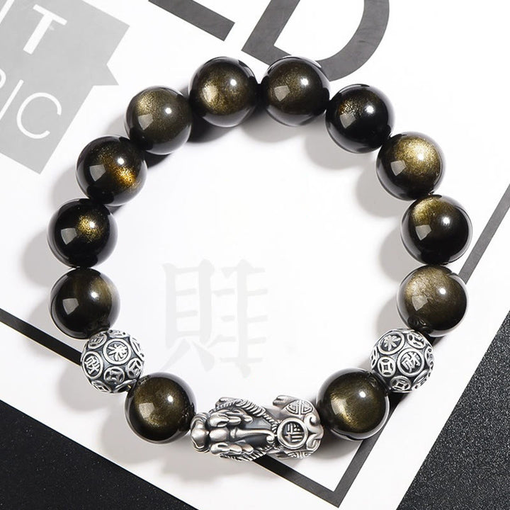 Pulsera de protección de la riqueza PiXiu de obsidiana brillante de oro natural de plata de ley 925 con Buddha Stones