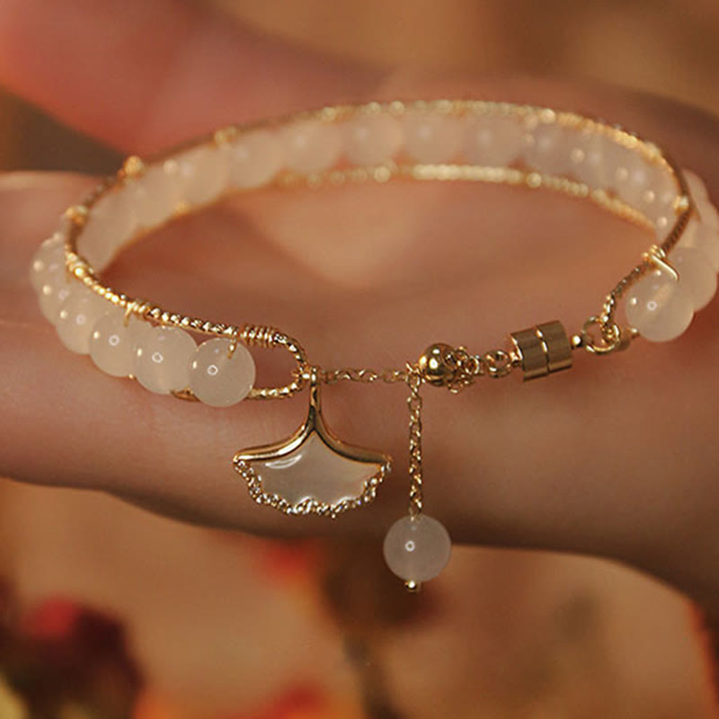 Pulsera de la suerte con cuentas de jade y hojas de ginkgo de Buddha Stones