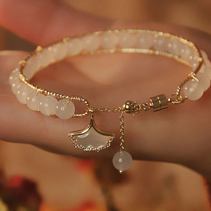 Pulsera de la suerte con cuentas de jade y hojas de ginkgo de Buddha Stones