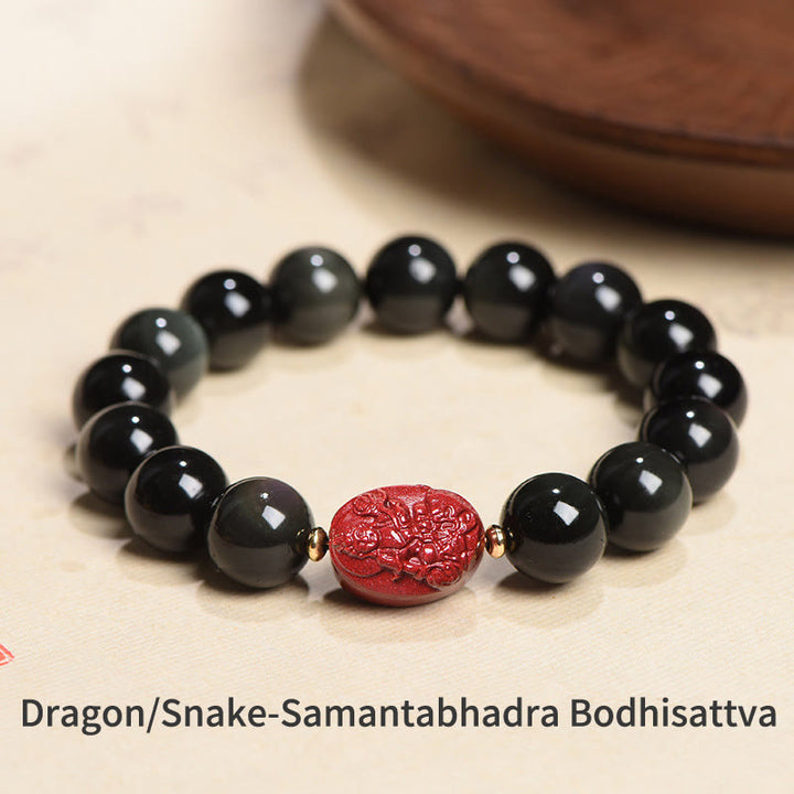 Pulsera de purificación de cinabrio de obsidiana negra Natural de Buda natal del zodiaco chino con Buddha Stones