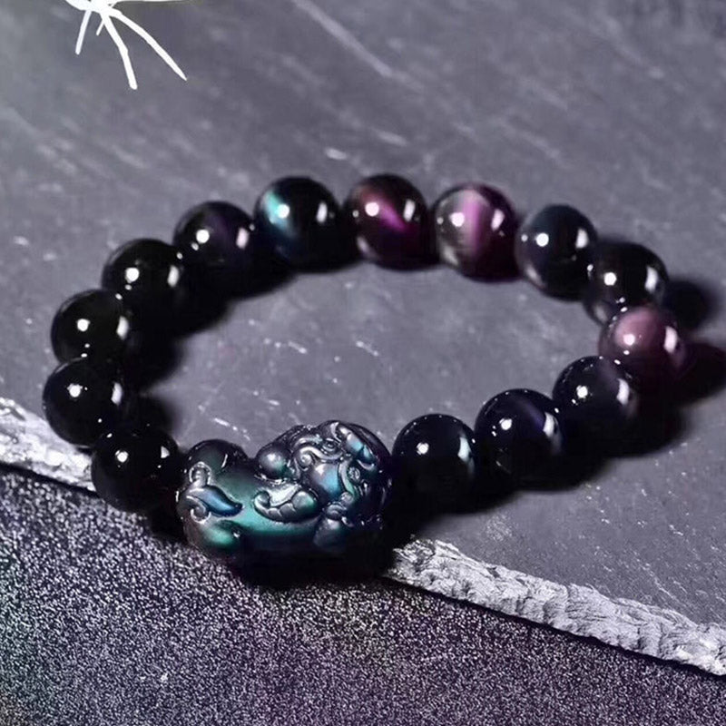 Pulsera de la suerte de obsidiana arcoíris FengShui PiXiu con Buddha Stones