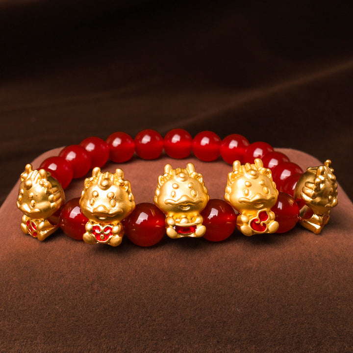 Buddha Stones Año del Dragón Ágata Roja Natural Moneda de Cobre Pulsera de Protección de Personajes Fu