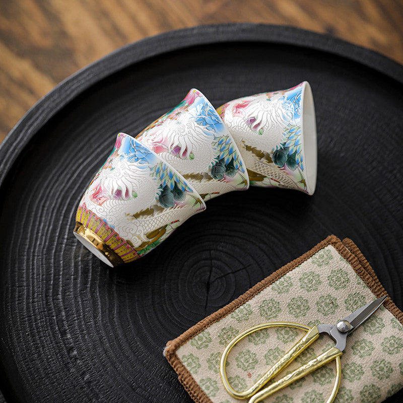 Taza de té de cerámica con flores de Fénix y dragón de Buddha Stones , taza de té de Kung Fu de 50ml