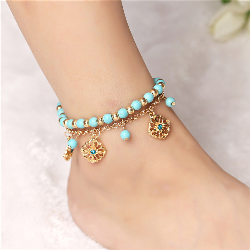 Tobillera con pulsera de protección de flores de piedra turquesa de 2 piezas