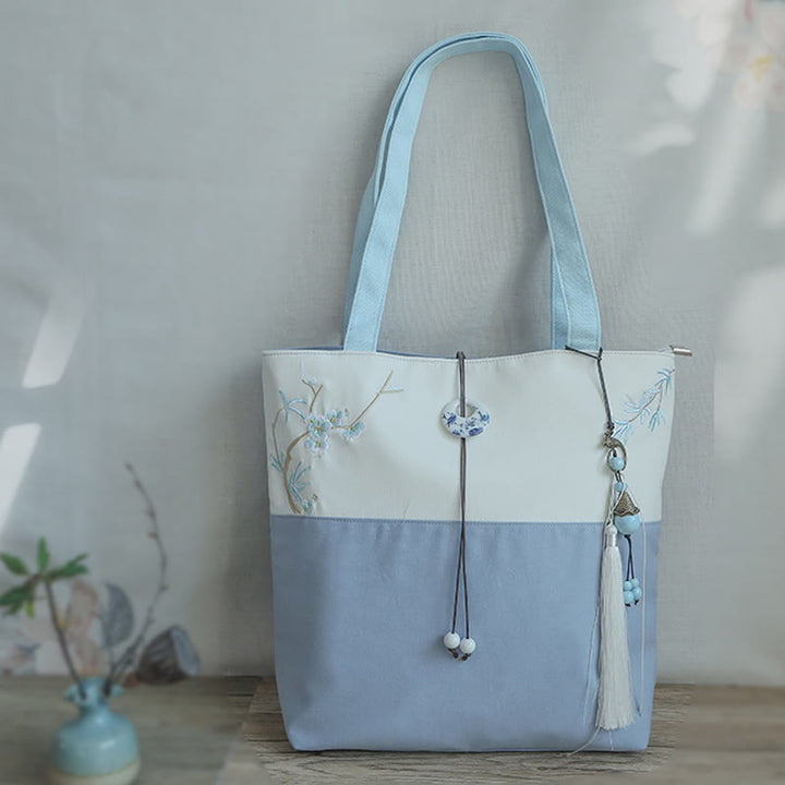 Bolso de hombro de gran capacidad con bordado de bambú, flor de pera, ciruelo, flor de melocotón, bolso de mano