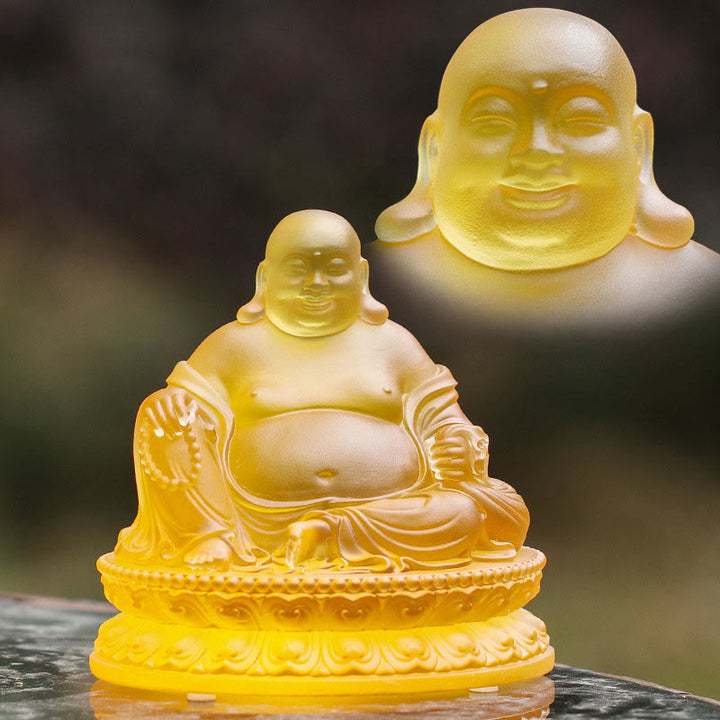 Buddha Stones hechas a mano, estatuilla de Buda sonriente, pieza de arte de cristal Liuli, estatua de riqueza, decoración del hogar
