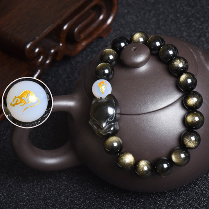 Buddha Stones Natural Arco Iris Obsidiana Oro Brillo Obsidiana Plata Brillo Obsidiana Zorro Curación Pulsera
