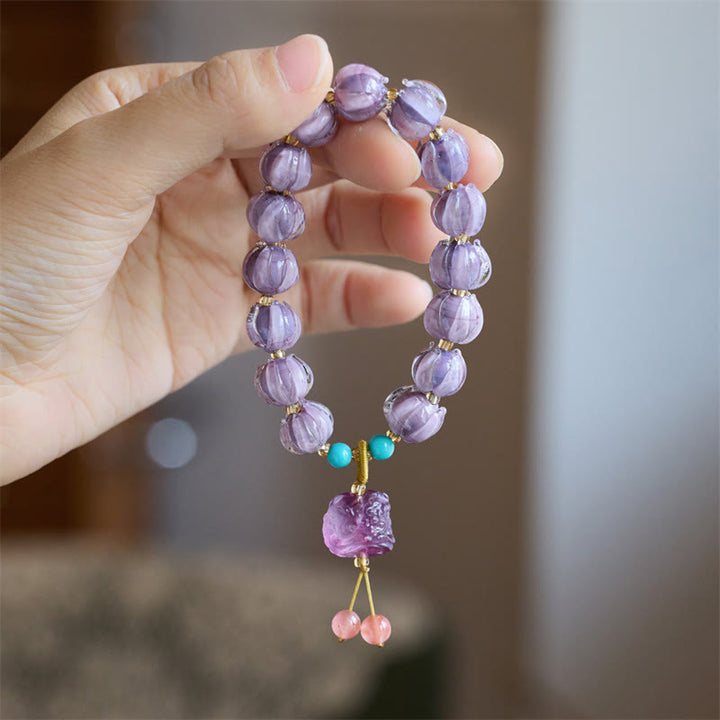 Buddha Stones Liuli cuentas de cristal diseño de loto fluorita marfil fruta bailando León encanto pulsera de iluminación