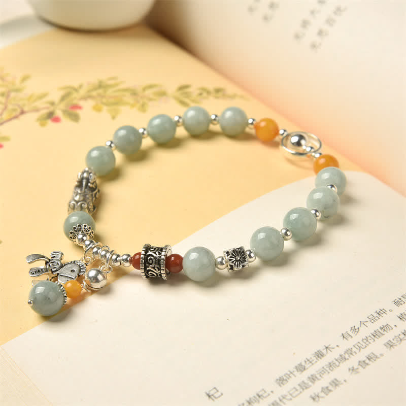 Pulsera de éxito de pony PiXiu de ámbar y jade natural de plata de ley 925
