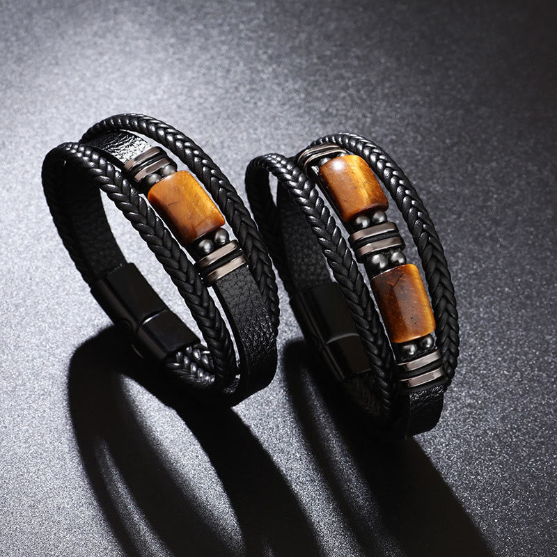 Pulsera de cuero multicapa con hebilla magnética y ojo de tigre con Buddha Stones