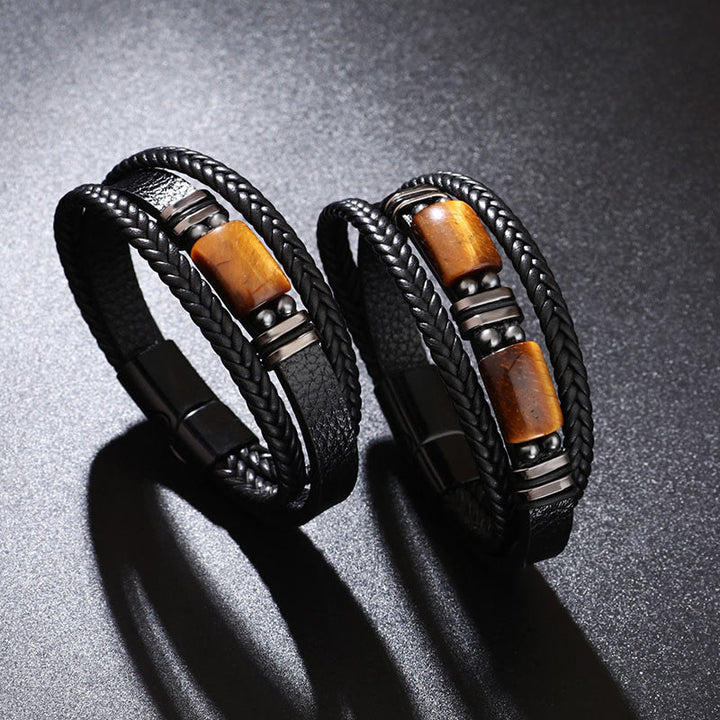 Pulsera de cuero multicapa con hebilla magnética y ojo de tigre con Buddha Stones