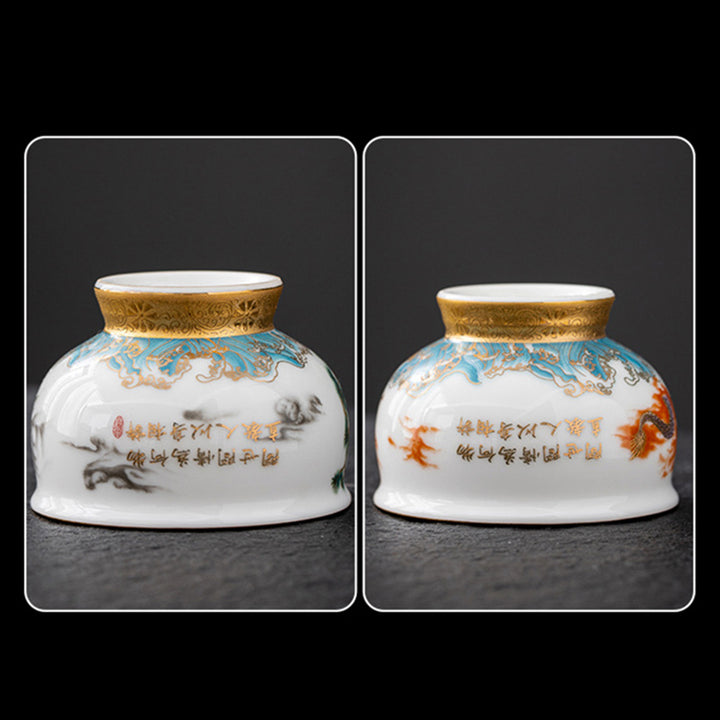 Taza de té de cerámica dorada con Buddha Stones, águila dorada, dragón auspicioso, sol, olas del océano, taza de té de Kung Fu